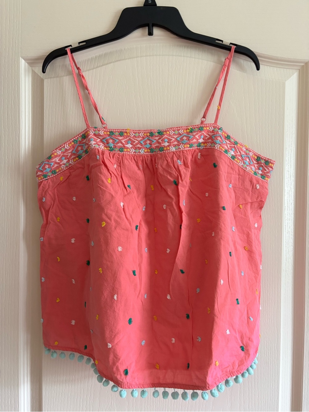 Pink Embroidered Pom-Pom Cami Tank Top